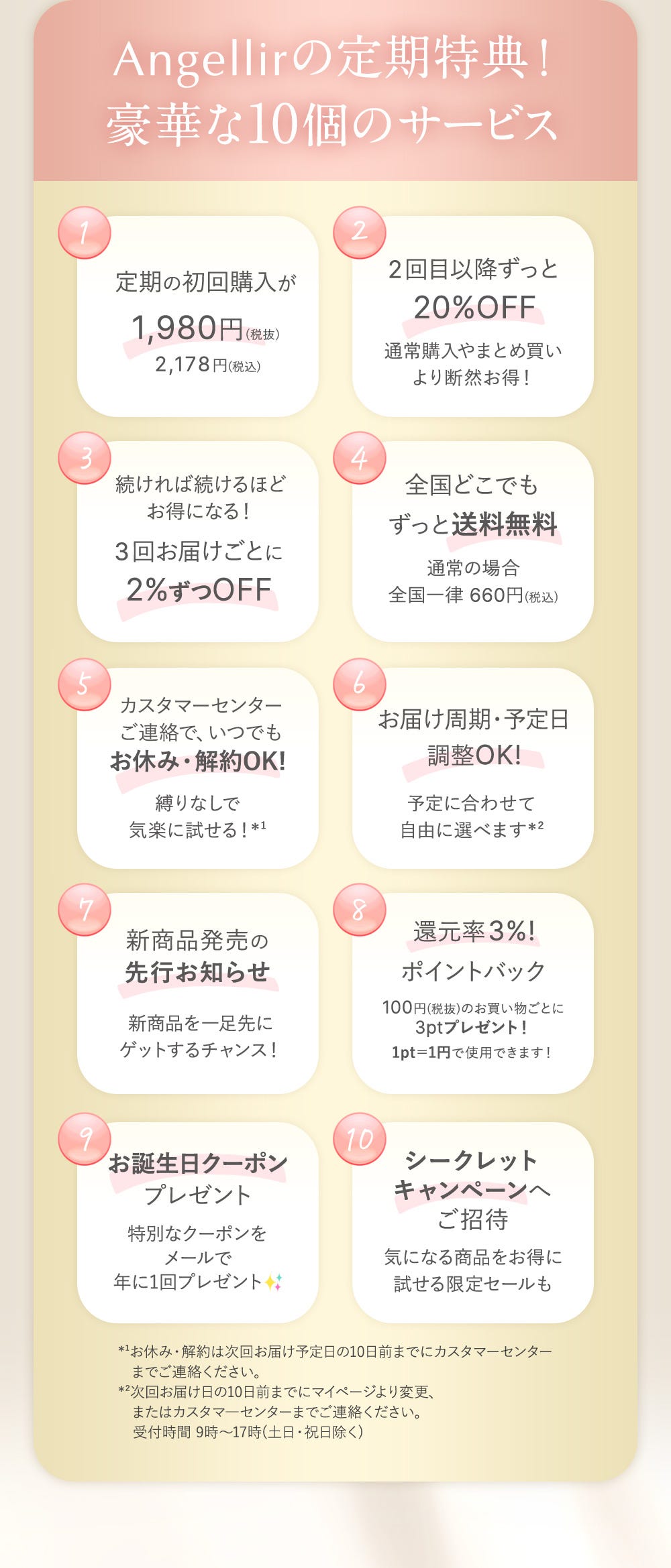 Angellirの定期特典！豪華な10個のサービス １：定期の初回購入が1,980円（税抜）2,178円(税込) ２：2回目以降ずっと20%OFF 通常購入やまとめ買いより断然お得！ ３：続ければ続けるほどお得になる！３回お届けごとに2%ずつOFF ４：全国どこでもずっと送料無料 通常の場合全国一律660円（税込） ５：カスタマーセンターご連絡で、いつでもお休み・解約OK! 縛りなしで気軽に試せる！※1 ６：お届け周期・予定日調整OK! 予定に合わせて自由に選べます※2 ７：新商品発売の先行お知らせ 新商品を一足先にゲットするチャンス！ ８：還元率3%ポイントバック 100円（税抜）のお買い物ごとに3ptプレゼント！1pt=1円で使用できます！ ９：お誕生日クーポンプレゼント 特別なクーポンをメールで年に1回プレゼント １０：シークレットキャンペーンへご招待 気になる商品をお得に試せる限定セールも *¹お休み・解約は次回お届け予定日の10日前までにカスタマーセンター
    までご連絡ください。
    *²次回お届け日の10日前までにマイページより変更、
    　またはカスタマ―センターまでご連絡ください。
    　受付時間 9時～17時(土日・祝日除く)