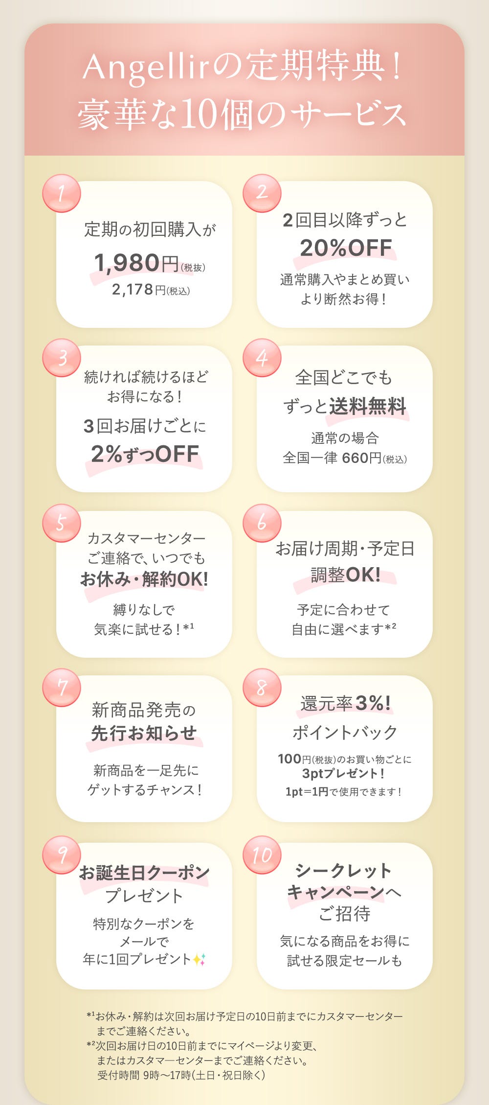 Angellirの定期特典！豪華な10個のサービス １：定期の初回購入が1,980円（税抜）2,178円(税込) ２：2回目以降ずっと20%OFF 通常購入やまとめ買いより断然お得！ ３：続ければ続けるほどお得になる！３回お届けごとに2%ずつOFF ４：全国どこでもずっと送料無料 通常の場合全国一律660円（税込） ５：カスタマーセンターご連絡で、いつでもお休み・解約OK! 縛りなしで気軽に試せる！※1 ６：お届け周期・予定日調整OK! 予定に合わせて自由に選べます※2 ７：新商品発売の先行お知らせ 新商品を一足先にゲットするチャンス！ ８：還元率3%ポイントバック 100円（税抜）のお買い物ごとに3ptプレゼント！1pt=1円で使用できます！ ９：お誕生日クーポンプレゼント 特別なクーポンをメールで年に1回プレゼント １０：シークレットキャンペーンへご招待 気になる商品をお得に試せる限定セールも *¹お休み・解約は次回お届け予定日の10日前までにカスタマーセンターまでご連絡ください。
    *²次回お届け日の10日前までにマイページより変更、またはカスタマ―センターまでご連絡ください。
    　受付時間 9時～17時(土日・祝日除く)