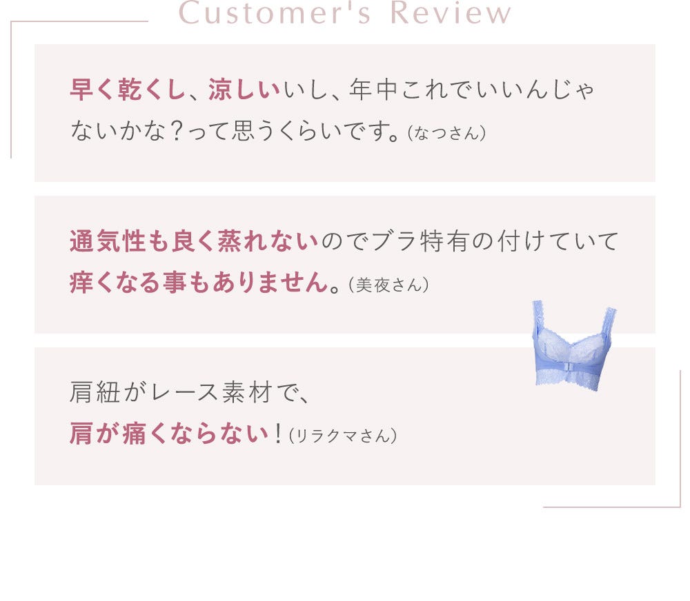 Customer's Review 早く乾くし、涼しいいし、年中これでいいんじゃないかな？って思うくらいです。(なつさん）通気性も良く蒸れないのでブラ特有の付けていて痒くなる事もありません。(美夜さん）肩紐がレース素材で、肩が痛くならない！(リラクマさん）
