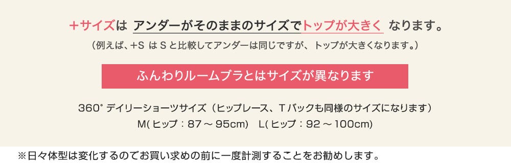 +サイズはアンダーがそのままのサイズでトップが大きくなります。(例えば、+SはSと比較してアンダーは同じですが、トップが大きくなります。) ふんわりルームブラとはサイズが異なります