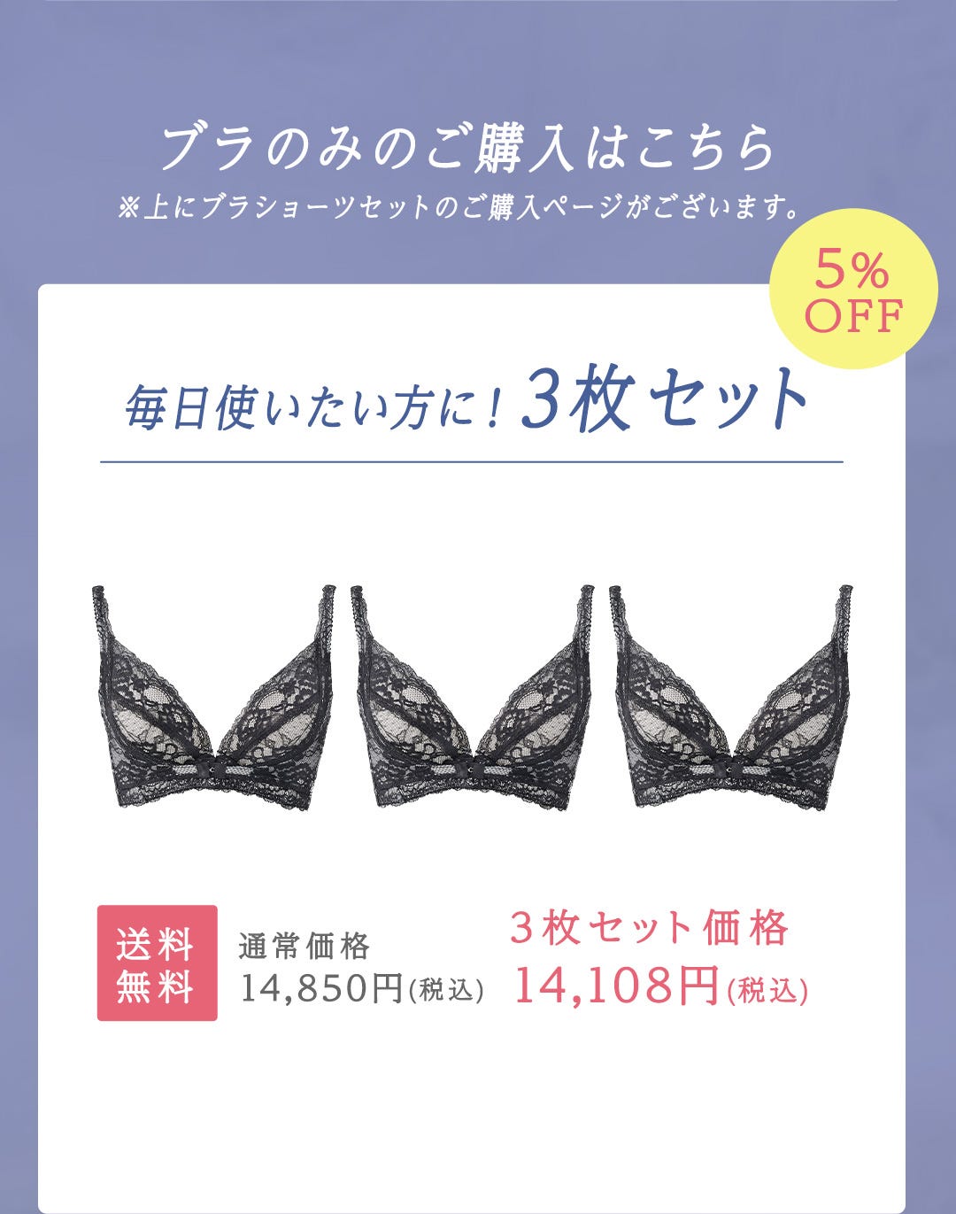 ブラのみのご購入はこちら ※上にブラショーツセットのご購入ページがございます。5%OFF 毎日使いたい方に！3枚セット 送料無料