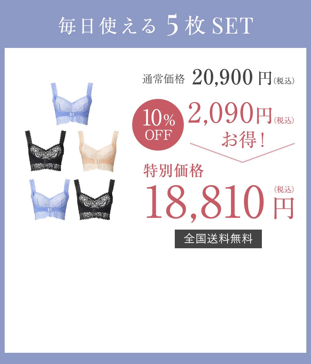毎日使える5枚SET 通常価格20,900円（税込）→ 10%OFF 2,090円（税込）お得！ 特別価格18,810円（税込）全国送料無料
