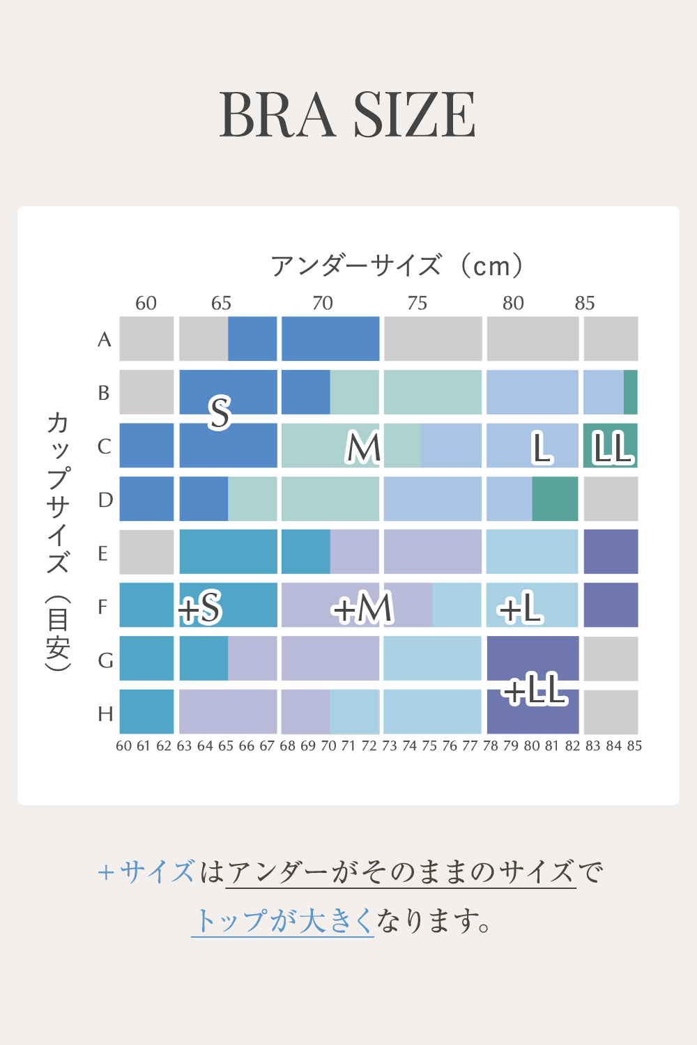 BRA SIZE ＋サイズはアンダーがそのままのサイズでトップが大きくなります。