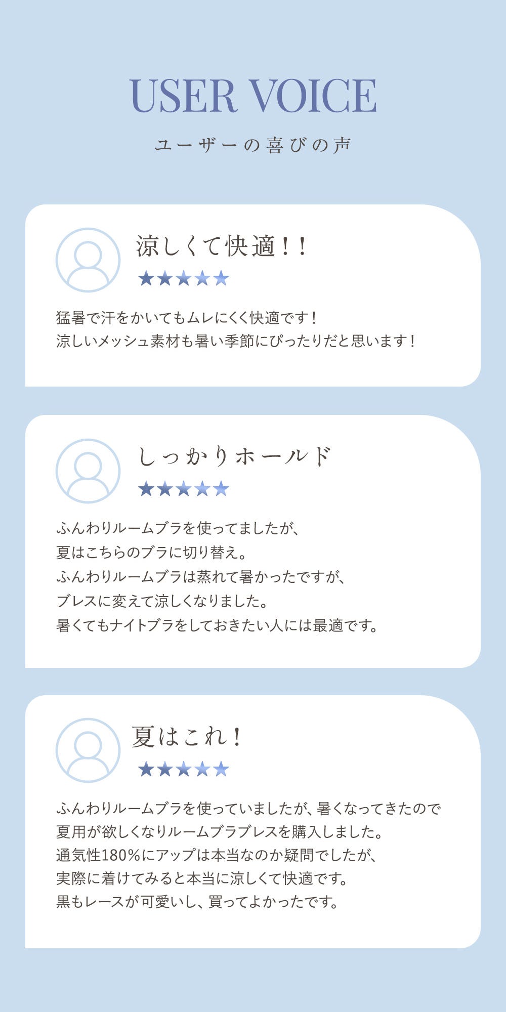USER VOICE ユーザーの喜びの声 「涼しくて快適！！ 猛暑で汗をかいてもムレにくく快適です！涼しいメッシュ素材も暑い季節にぴったりだと思います！」「しっかりホールド ふんわりルームブラを使っていましたが、夏はこちらのブラに切り替え。ふんわりルームブラは蒸れて暑かったですが、ブレスに変えて涼しくなりました。暑くてもナイトブラをしておきたい人には最適です。」「夏はこれ！ふんわりルームブラを使っていましたが、暑くなってきたので夏用が欲しくなりルームブラブレスを購入しました。通気性180%にアップは本当なのか疑問でしたが、実際に着けてみると本当に涼しくて快適です。黒もレースが可愛いし、買ってよかったです。」
