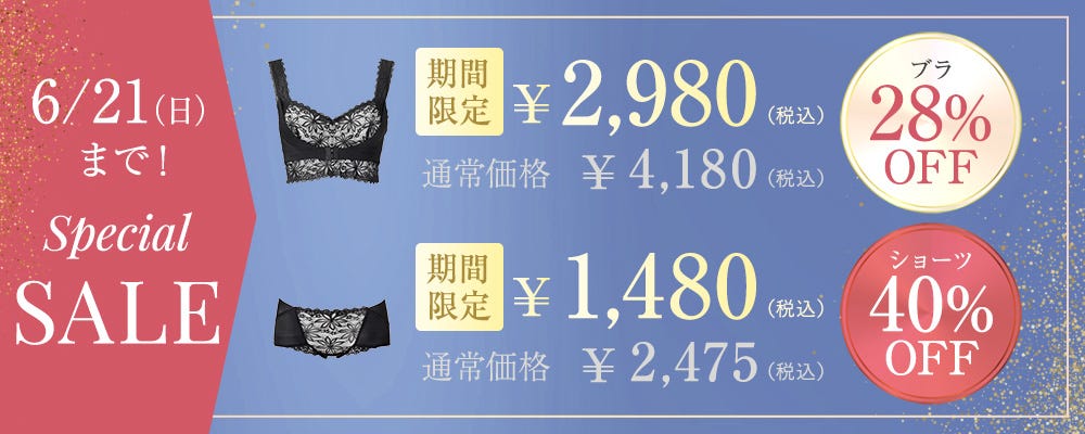 6/21(日)まで！Special SALE 期間限定¥2,980（税込）通常価格¥4,180（税込）ブラ28%OFF 期間限定 ¥1,480（税込）通常価格¥2,475（税込）ショーツ40%OFF