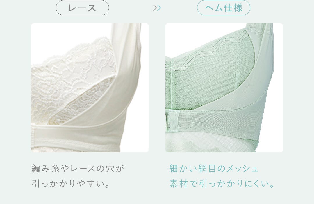 [レース]編み糸やレースの穴が引っかかりやすい。 [ヘム仕様]細かい網目のメッシュ素材で引っかかりにくい。