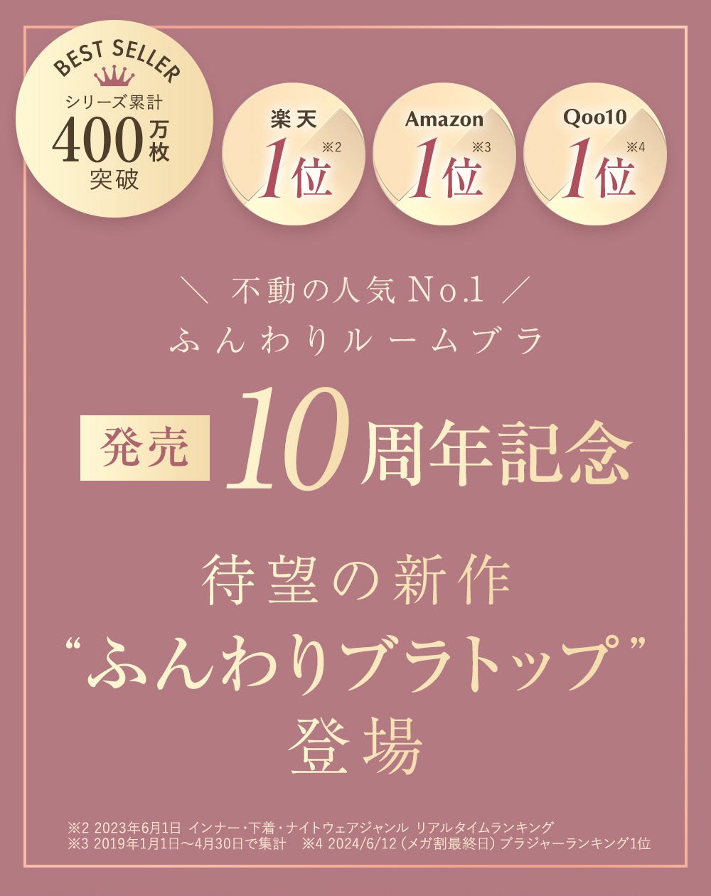 BEST SELLER シリーズ累計400万枚突破 楽天1位※2 Amazon 1位※3 Qoo10 1位※4 不動の人気No.1 ふんわりルームブラ 発売10周年記念 待望の新作“ふんわりブラトップ”登場 ※2 2023年6月1日 インナー・下着・ナイトウェアジャンル リアルタイムランキング ※3 2019年1月1日〜4月30日で集計 ※4 2024/6/12（メガ割最終日）ブラジャーランキング1位