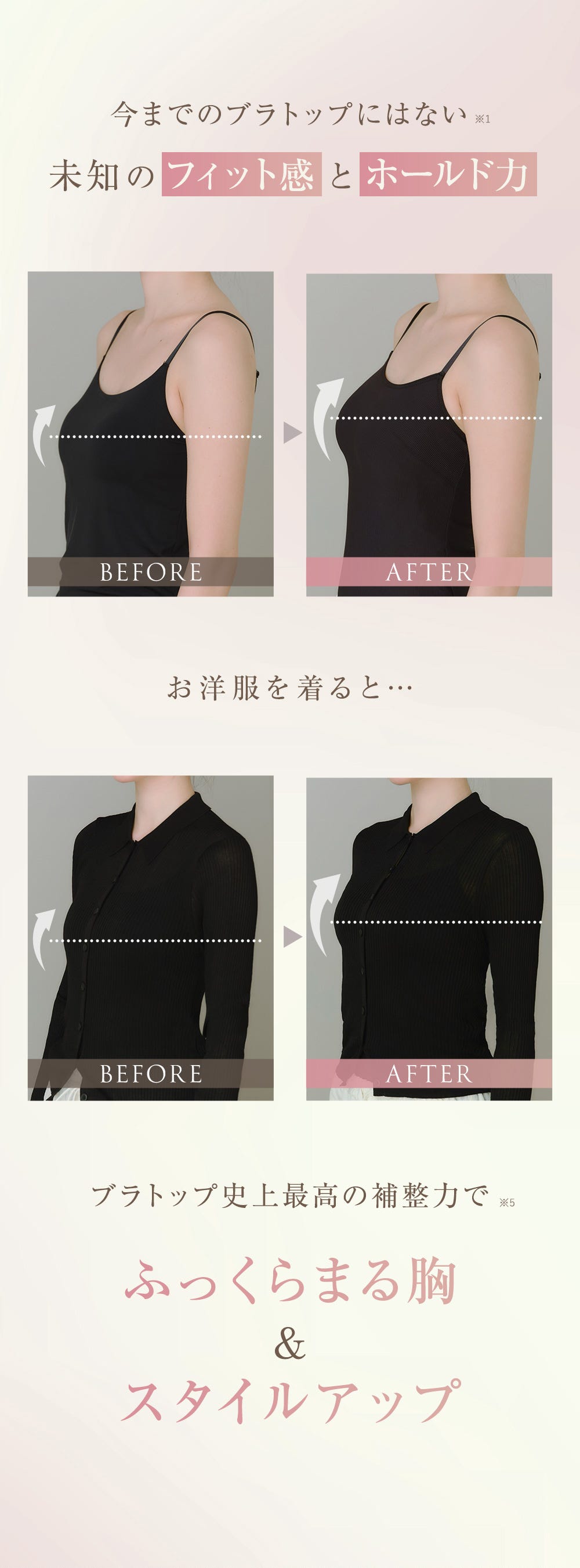 今までのブラトップにはない※1未知のフィット感とホールド力 お洋服を着ると… ブラトップ史上最高の補整力で※5 ふっくらまる胸&スタイルアップ