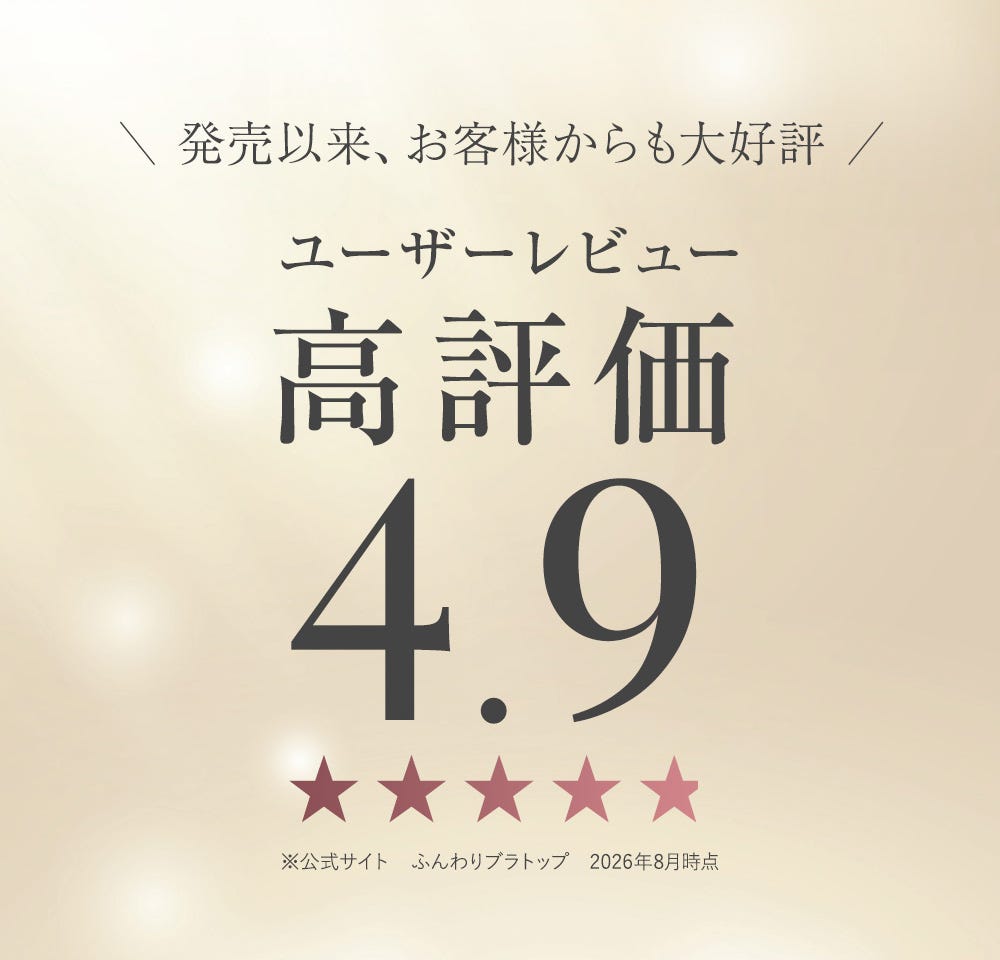 発売依頼、お客様からも大好評 ユーザーレビュー高評価4.9 ※公式サイト ふんわりブラトップ 2026年8月時点