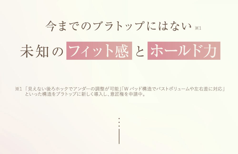 今までのブラトップにはない※1未知のフィット感とホールド力 ※1「見えない後ろホックでアンダーの調整が可能」「Wパッド構造でバストボリュームや左右差に対応」といった構造をブラトップに新しく導入し、意匠権を申請中。