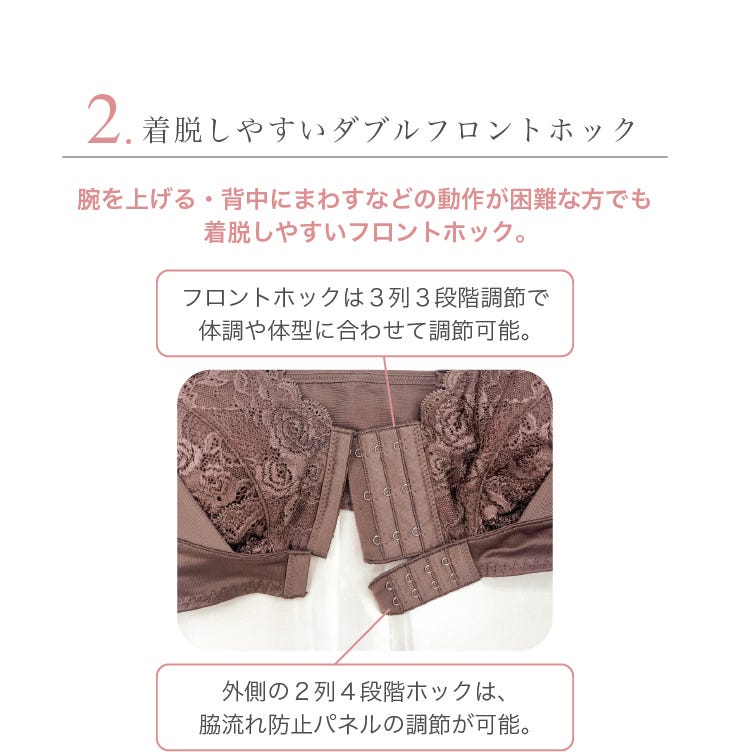 2.着脱しやすいダブルフロントホック 腕を上げる・背中にまわすなどの動作が困難な⽅でも着脱しやすいフロントホック。フロントホックは3列3段階調節で体調や体型に合わせて調節可能。外側の2列4段階ホックは、脇流れ防止パネルの調節が可能。