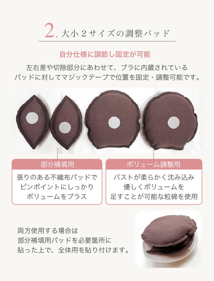 2. ⼤⼩2サイズの調整パッド ⾃分仕様に調節し固定が可能 左右差や切除部分にあわせて、ブラに内蔵されているパッドに対してマジックテープで位置を固定・調整可能です。部分補填⽤:張りのある不織布パッドでピンポイントにしっかりボリュームをプラス ボリューム調整⽤:バストが柔らかく沈み込み優しくボリュームを⾜すことが可能な粒綿を使⽤ 両⽅使⽤する場合は部分補填⽤パッドを必要箇所に貼った上で、全体⽤を貼り付けます。