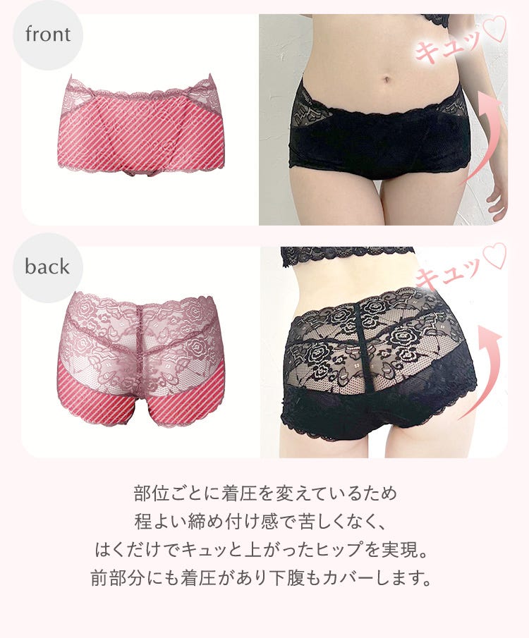 部位ごとに着圧を変えているため程よい締め付け感で苦しくなく、はくだけでキュッと上がったヒップを実現。前部分にも着圧があり下腹もカバーします。