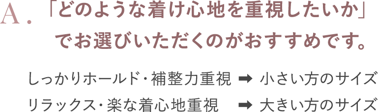 「どのような付け心地を重視したいか」でお選びいただくのがおすすめです。しっかりホールド・補整力→小さいサイズ リラックス・楽な着心地重視→大きい方のサイズ