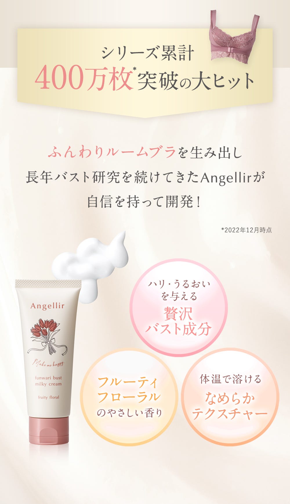 シリーズ累計400万枚※突破の大ヒット ふんわりルームブラを生み出し長年バスト研究を続けてきたAngellirが自信を持って開発！ ※2022年12月時点 ハリ・うるおいを与える贅沢バスト成分 フルーティフローラルのやさしい香り 体温で溶けるなめらかテクスチャー