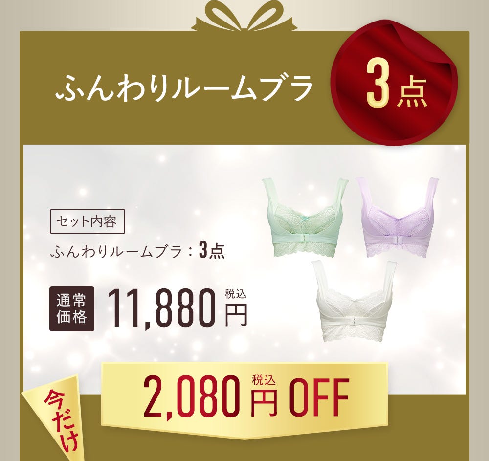 ふんわりルームブラ 3点 セット内容 ふんわりルームブラ：3点 通常価格 税込 11,880円 税込 2,080円OFF
