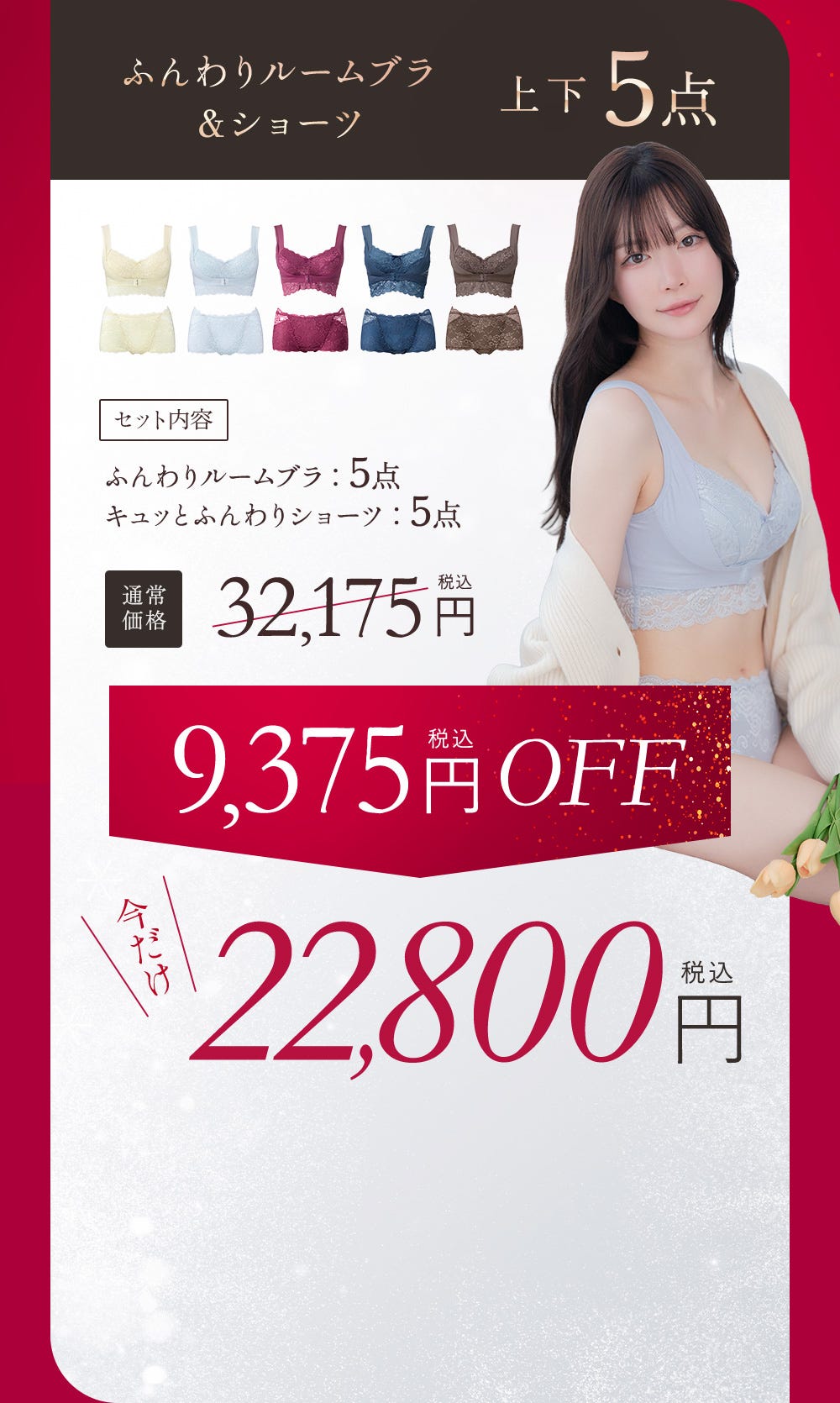 ふんわりルームブラ＆ショーツ 上下5点 セット内容 ふんわりルームブラ：5点 キュッとふんわりショーツ：5点 通常価格 32,175円（税込）今だけ22,800円（税込） 9,375円（税込）OFF