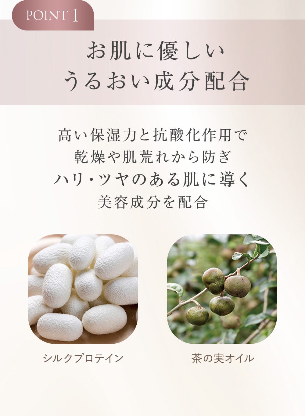 POINT1 お肌に優しいうるおい成分配合 高い保湿力と抗酸化作用で乾燥や肌荒れから防ぎハリ・ツヤのある肌に導く美容成分を配合 シルクプロテイン 茶の実オイル
