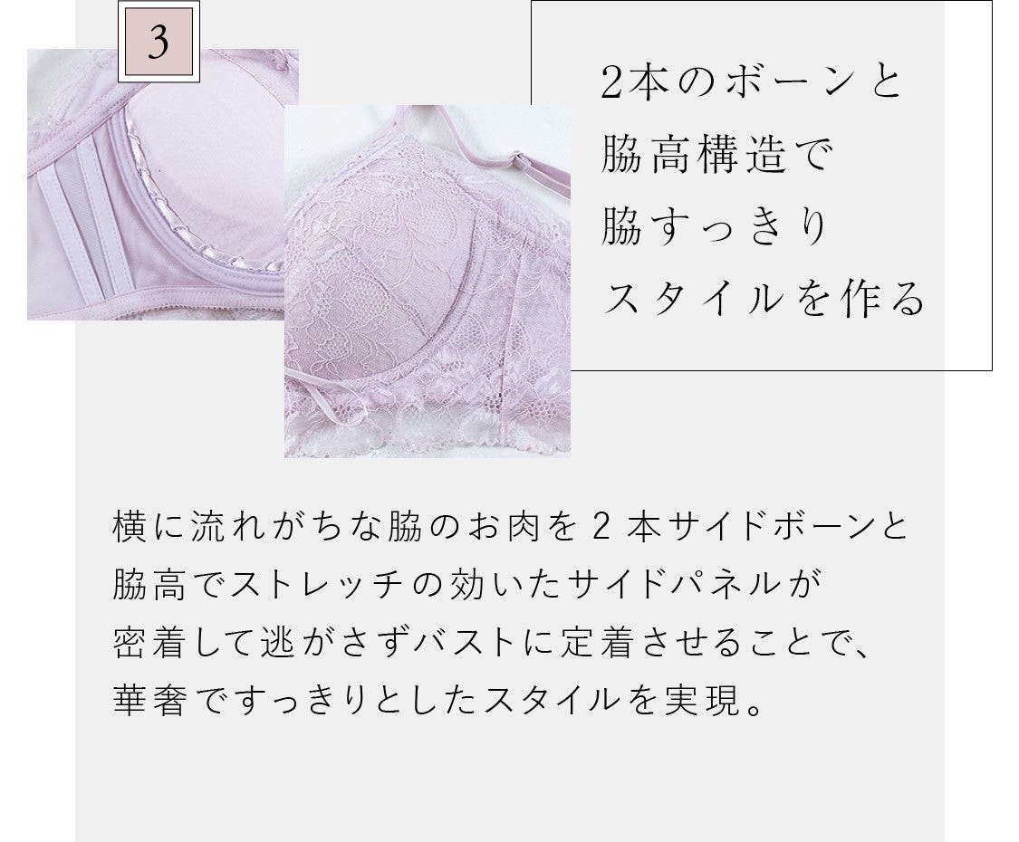 3 2本のボーンと脇高構造で脇すっきりスタイルを作る 横に流れがちな脇のお肉を2本サイドボーンと脇高でストレッチの効いたサイドパネルが密着して逃がさずバストに定着させることで、華奢ですっきりとしたスタイルを実現。