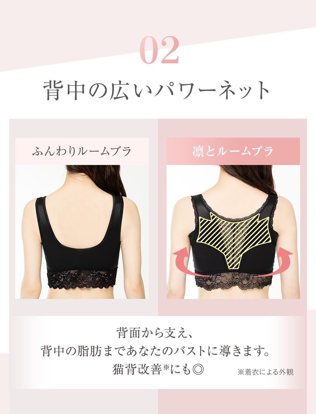 02 背中の広いパワーネット 背中から支え、背中の脂肪まであなたのバストに導きます。猫背改善※にも◎　※着衣による外観