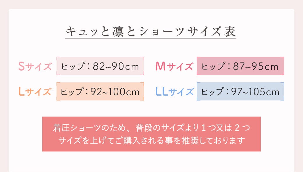 キュッと凛とショーツサイズ表 Sサイズ ヒップ：82~90cm Mサイズ ヒップ：87~95cm Lサイズ ヒップ：92~100cm LLサイズ ヒップ：97~105cm 着圧ショーツのため、普段のサイズより1つ又は2つサイズを上げてご購入される事を推奨しております
