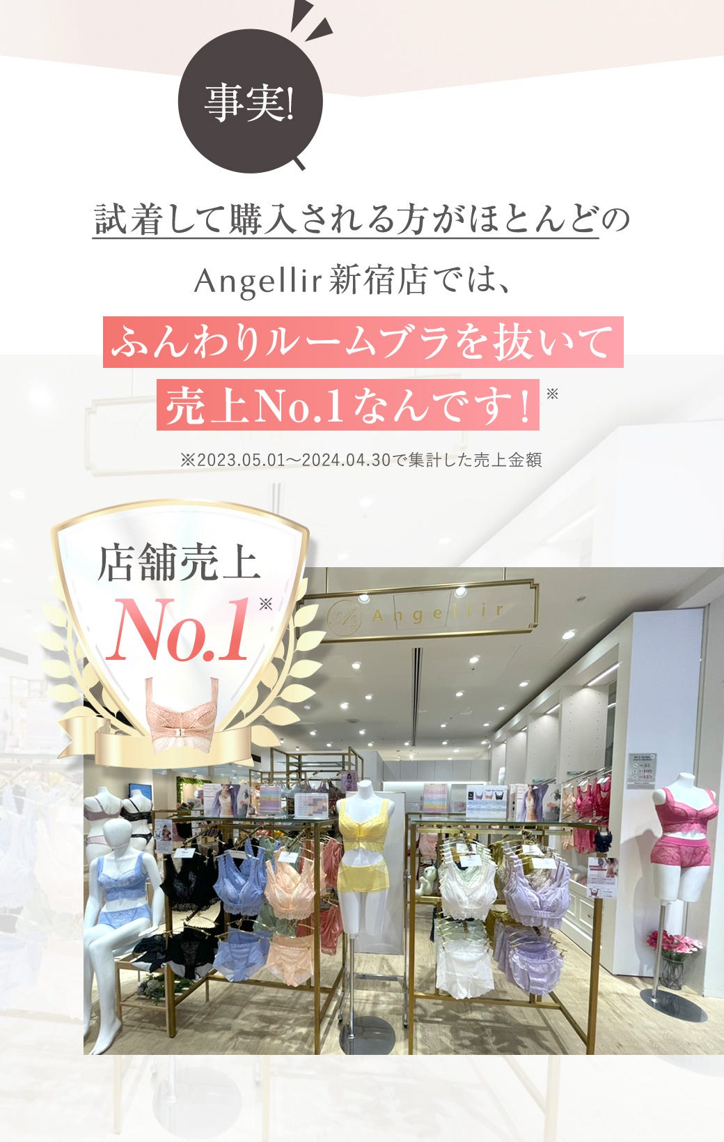 事実!試着して購入される方がほとんどのAngellir新宿店では、ふんわりルームブラを抜いて売上No.1なんです！※2023.05.01～2024.04.30で集計した売上金額