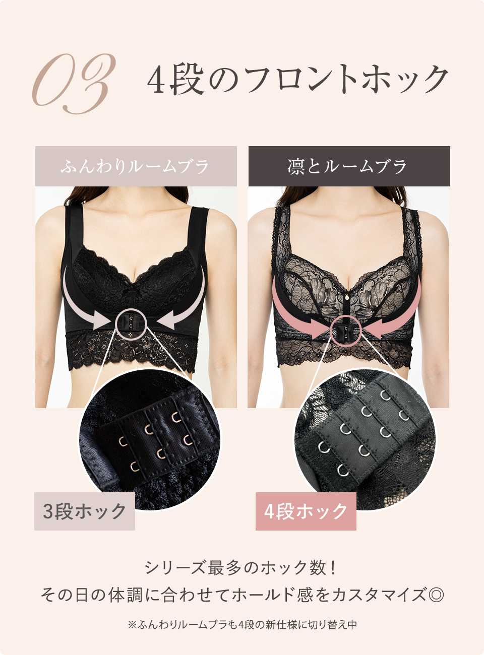 03 4段のフロントホック シリーズ最多のホック数！その日の体調に合わせてホールド感をカスタマイズ◎