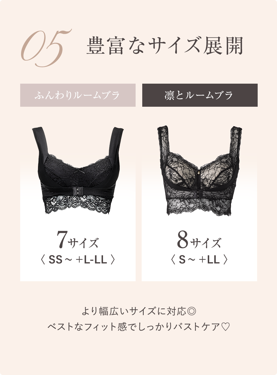 05 豊富なサイズ展開 より幅広いサイズに対応◎ ベストなフィット感でしっかりバストケア