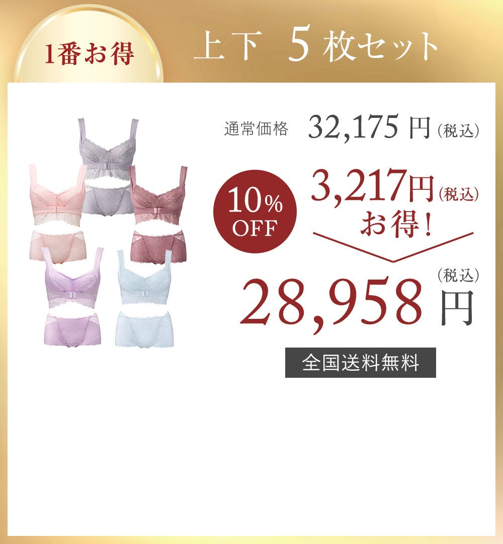 1番お得 上下5枚セット 通常価格32,175円(税込) 10%OFF 3,217円(税込)お得! → 28,958円(税込)全国送料無料