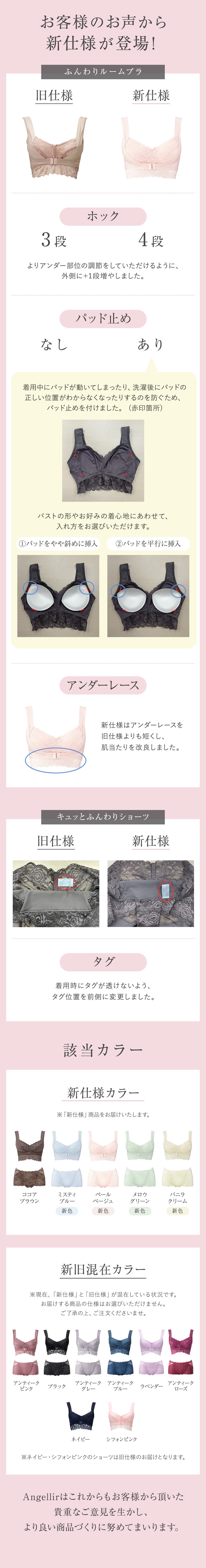 お客様のお声から新仕様が登場！ふんわりルームブラ 旧仕様 新仕様 ホック3段→4段 よりアンダー部位の調節をしていただけるように、外側に＋1段増やしました。 パッド止め なし→あり 着用中にパッドが動いてしまったり、洗濯後にパッドの正しい位置がわからなくなったりするのを防ぐため、パッド止めを付けました。（赤印箇所）バストの形やお好みの着心地にあわせて、入れ方をお選びいただけます。①パッドをやや斜めに挿入 ②パッドを平行に挿入 アンダーレース 新仕様はアンダーレースを旧仕様よりも短くし、肌当たりを改良しました。キュッとふんわりショーツ 旧仕様 新仕様 タグ 着用時にタグが透けないよう、タグ位置を前側に変更しました。 該当カラー 新仕様カラー ※「新仕様」商品をお届けいたします。 ココアブラウン、ミスティブルー（新色）、ペールベージュ（新色）、メロウグリーン（新色）、バニラクリーム（新色） 新旧混在カラー ※現在、「新仕様」と「旧仕様」が混在している状況です。お届けする商品の仕様はお選びいただけません。ご了承の上、ご注文くださいませ。アンティークピンク、ブラック、アンティークグレー、アンティークブルー、ラベンダー、アンティークローズ、ネイビー、シフォンピンク ※ネイビー・シフォンピンクのショーツは旧仕様のお届けとなります。Angellirはこれからもお客様から頂いた貴重なご意見を生かし、より良い商品づくりに努めてまいります。