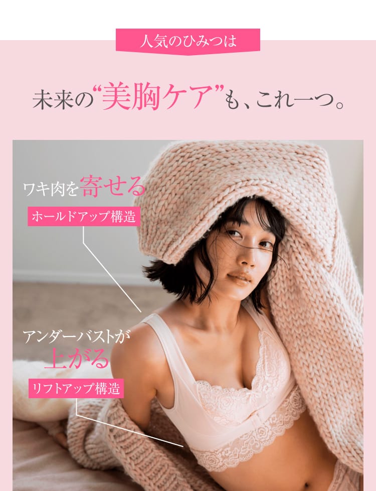 ⼈気のひみつは 未来の“美胸ケア”も、これ⼀つ。ワキ⾁を寄せるホールドアップ構造 アンダーバストが上がるリフトアップ構造