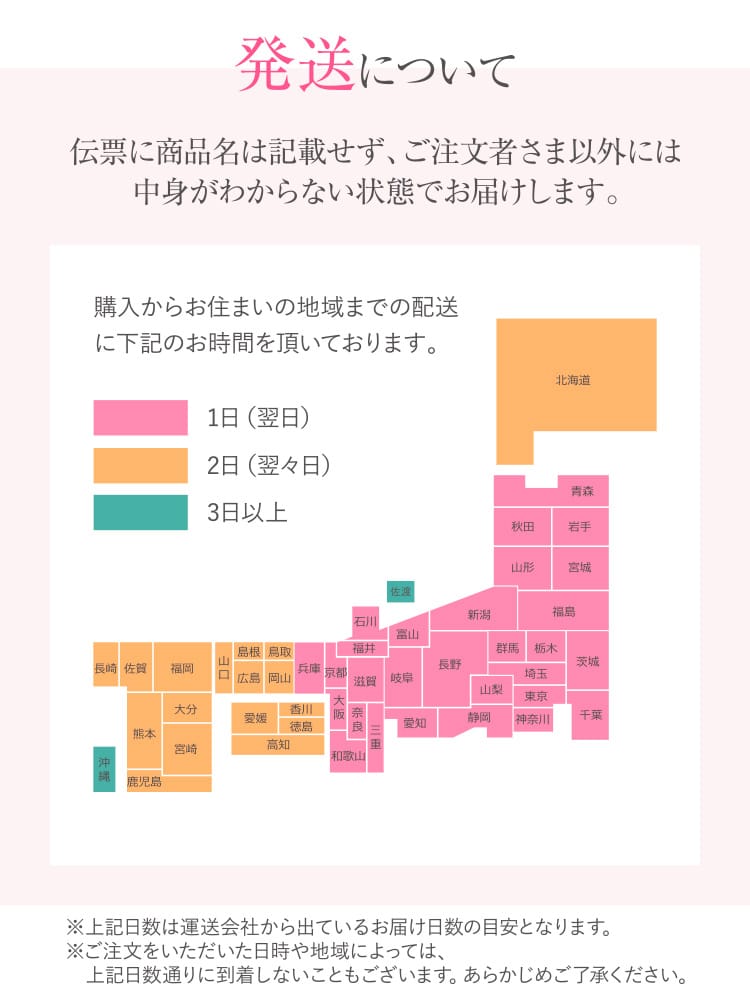 発送について 伝票に商品名は記載せず、ご注⽂者さま以外には中⾝がわからない状態でお届けします。購入からお住まいの地域までの配送に下記のお時間を頂いております。※上記日数は運送会社から出ているお届け日数の目安となります。※ご注文をいただいた日時や地域によっては、上記日数通りに到着しないこともございます。あらかじめご了承ください。