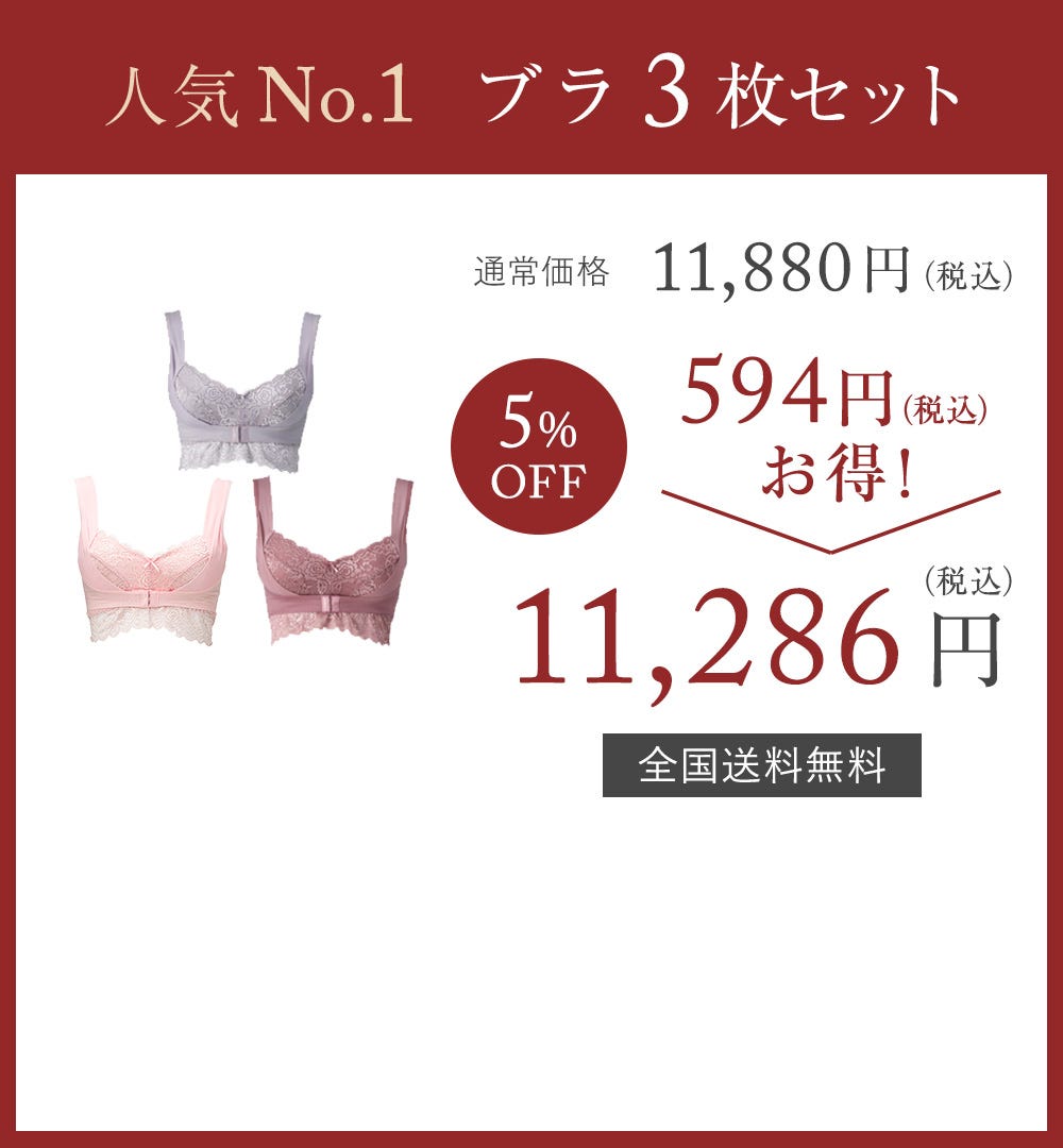 人気No.1 ブラ3枚セット 通常価格11,880円（税込） 5%OFF 594円（税込）お得！ → 11,286円（税込）全国送料無料