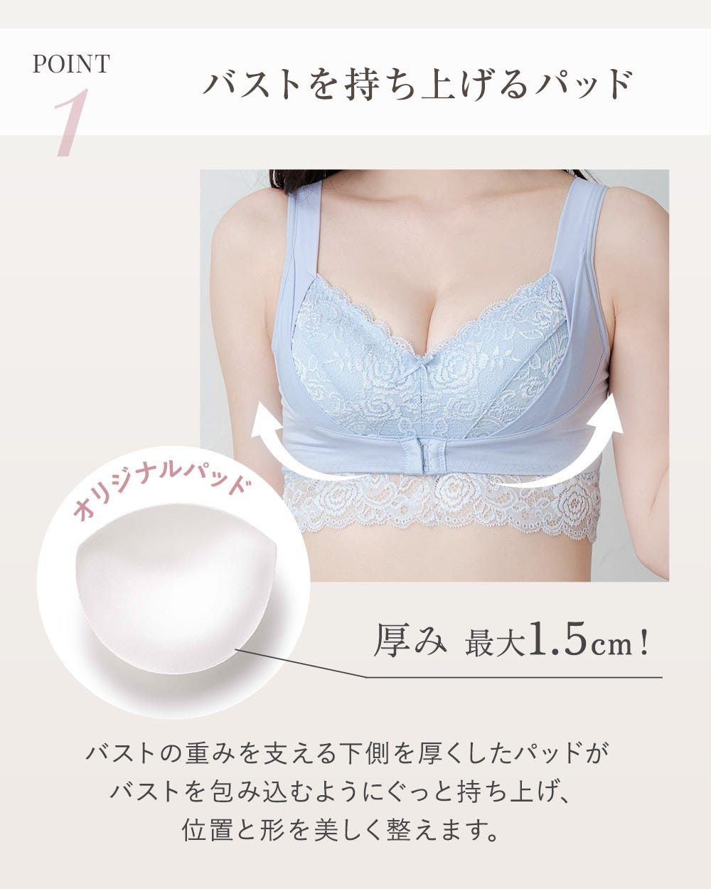 POINT1 バストを持ち上げるパッド オリジナルパッド 厚み 最大1.5cm! バストの重みを支える下側を厚くパッドがバストを包み込むようにぐっと持ち上げ、位置と形を美しく整えます。