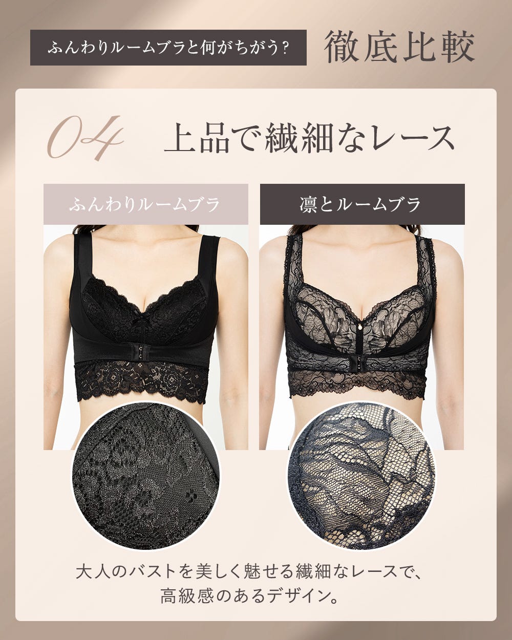 ふんわりルームブラと何が違う？徹底比較 04 上品で繊細なレース 大人のバストを美しく魅せる繊細なレースで、高級感のあるデザイン。