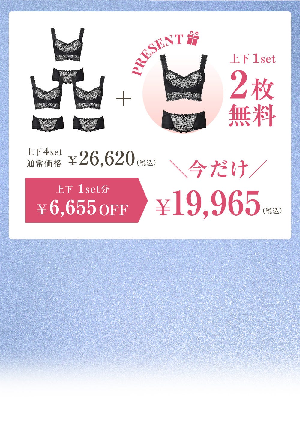 上下4set通常価格 ¥26,620(税込)＋PRESENT 上下1set 2枚無料 上下1set分¥6,655FF 今だけ¥19,965（税込）