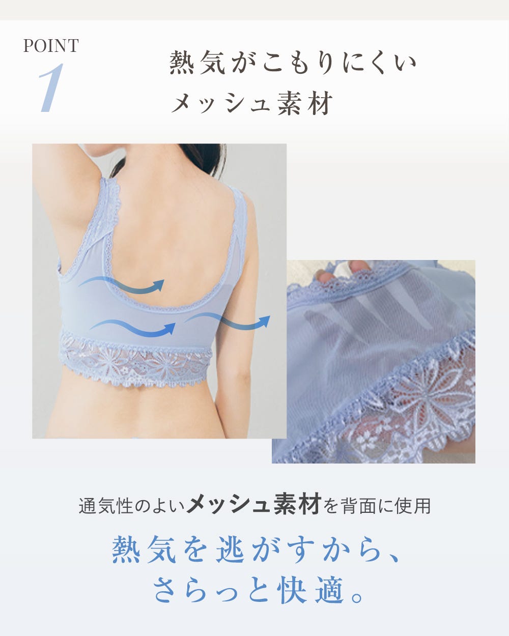 POINT1 熱気がこもりにくいメッシュ素材 通気性のよいメッシュ素材を背面に使用 熱気を逃すから、さらっと快適。
