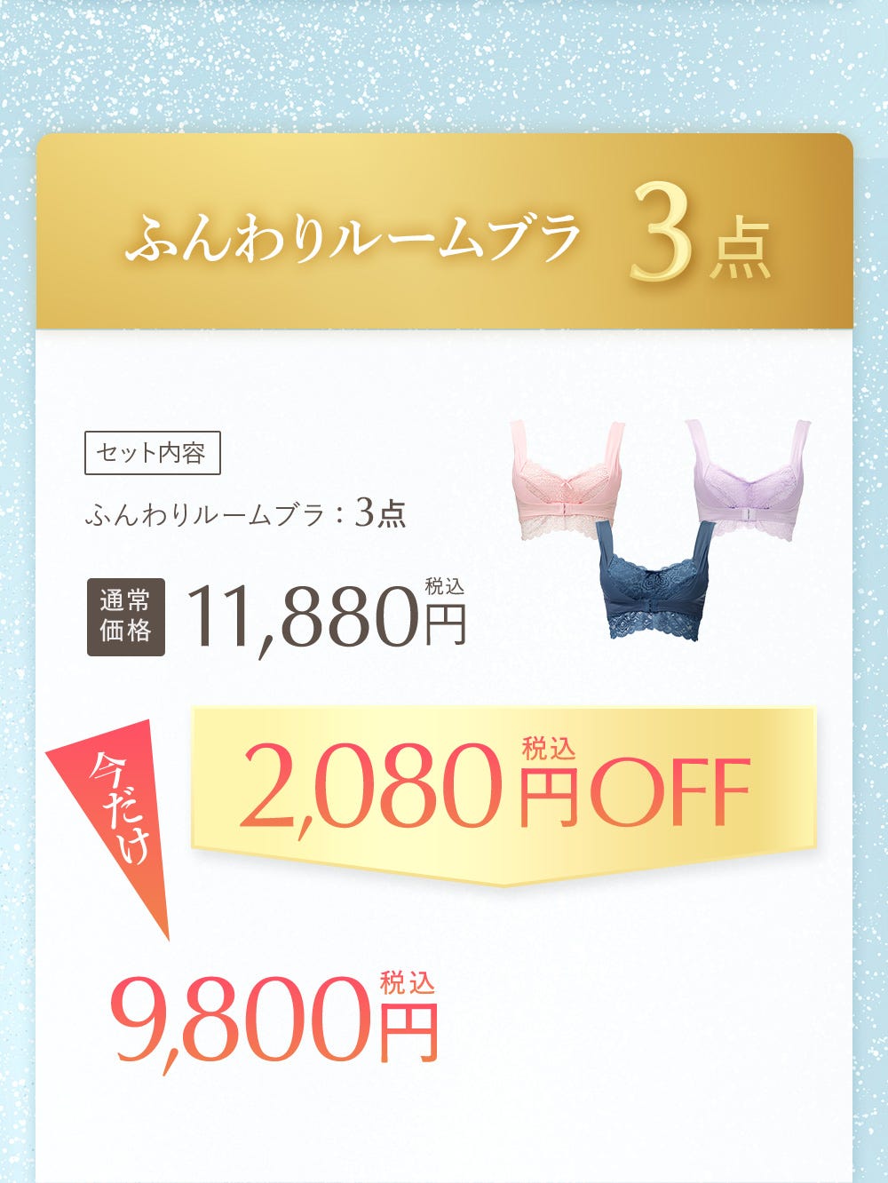 ふんわりルームブラ3点 セット内容 ふんわりルームブラ:3点 通常価格11,880円税込 今だけ2,080円税込OFF 9,800円税込