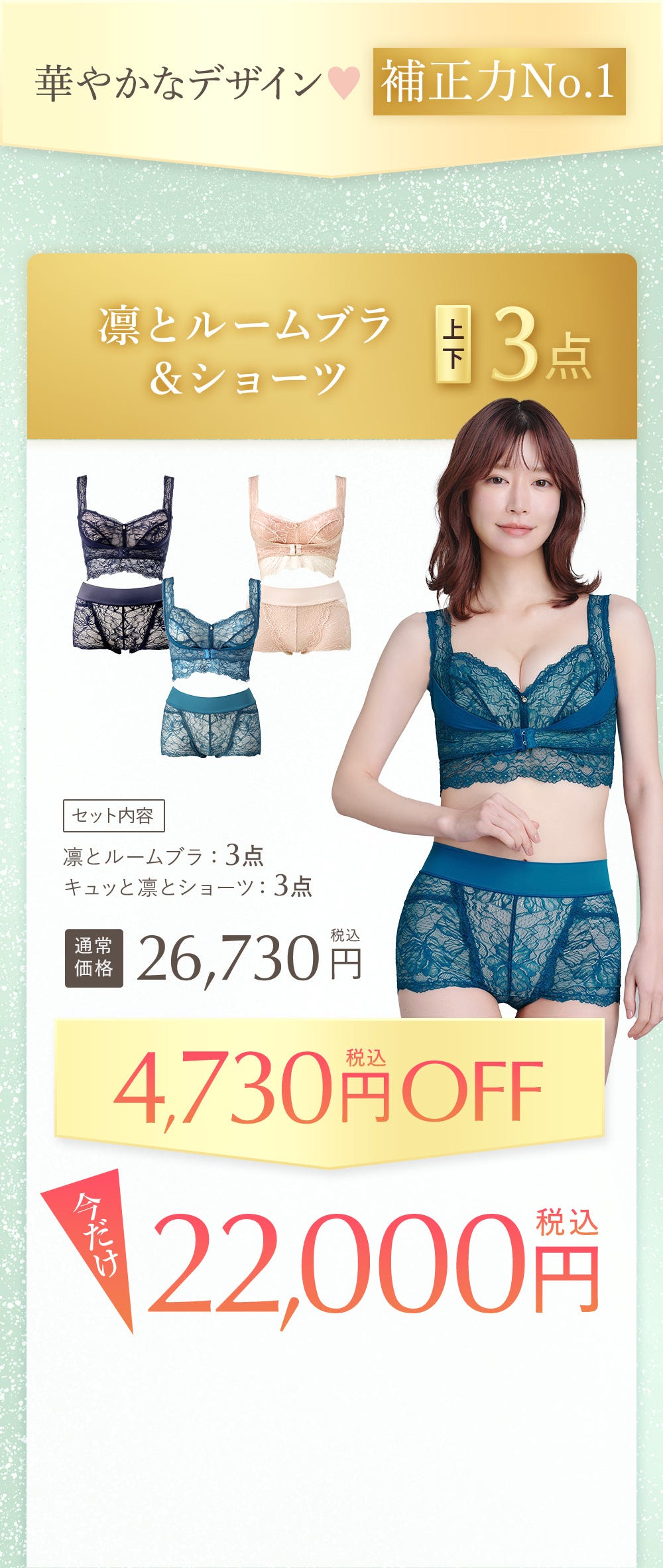 華やかなデザイン 補正力No.1 凛とルームブラ&ショーツ 上下3点 セット内容 凛とルームブラ:3点 キュッと凛とショーツ:3点 通常価格26,730円税込 4,730円税込OFF 今だけ22,000円税込