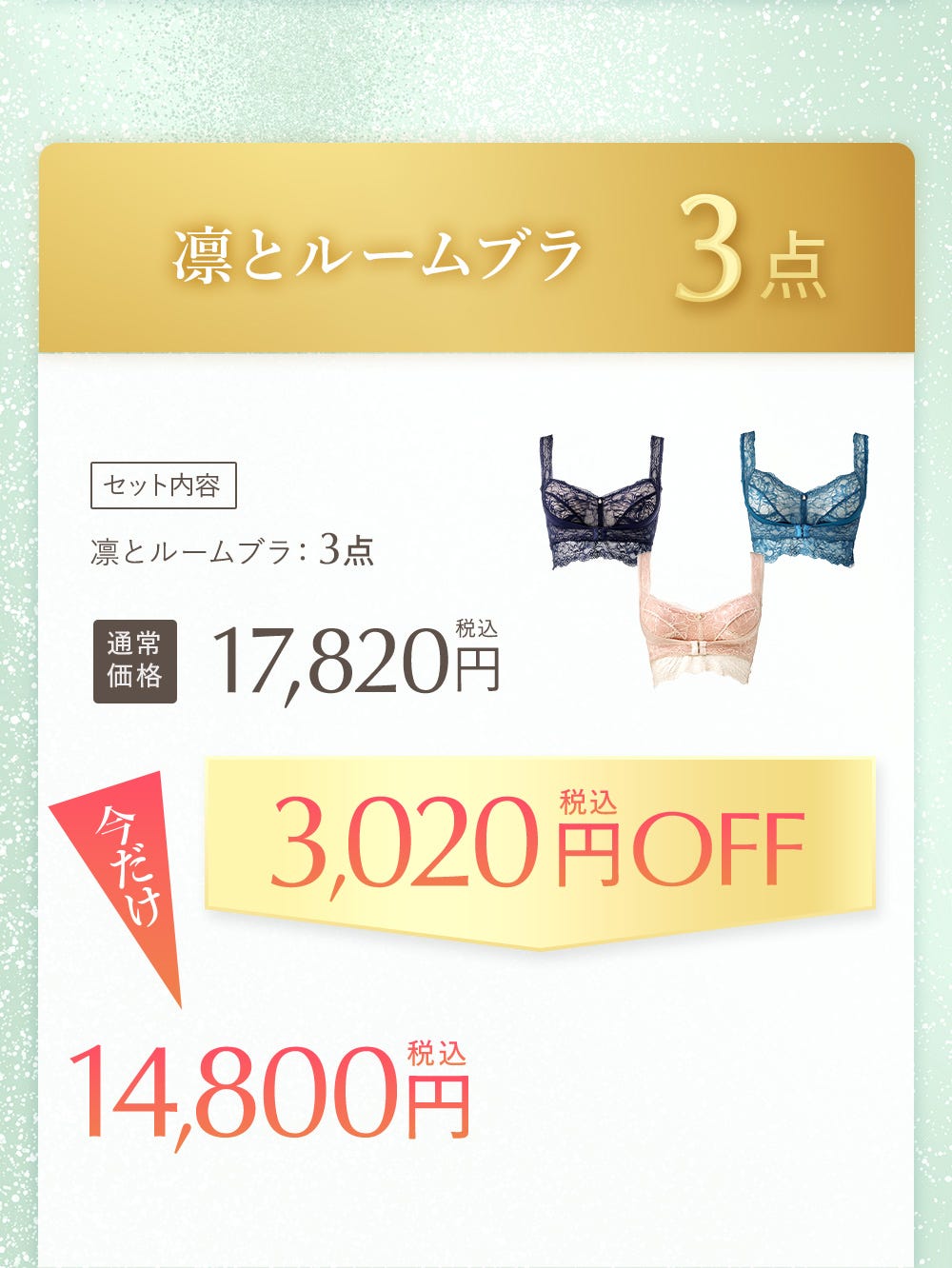 凛とルームブラ3点 セット内容 凛とルームブラ:3点 通常価格 17,820円税込 今だけ3,020円税込OFF 14,800円税込