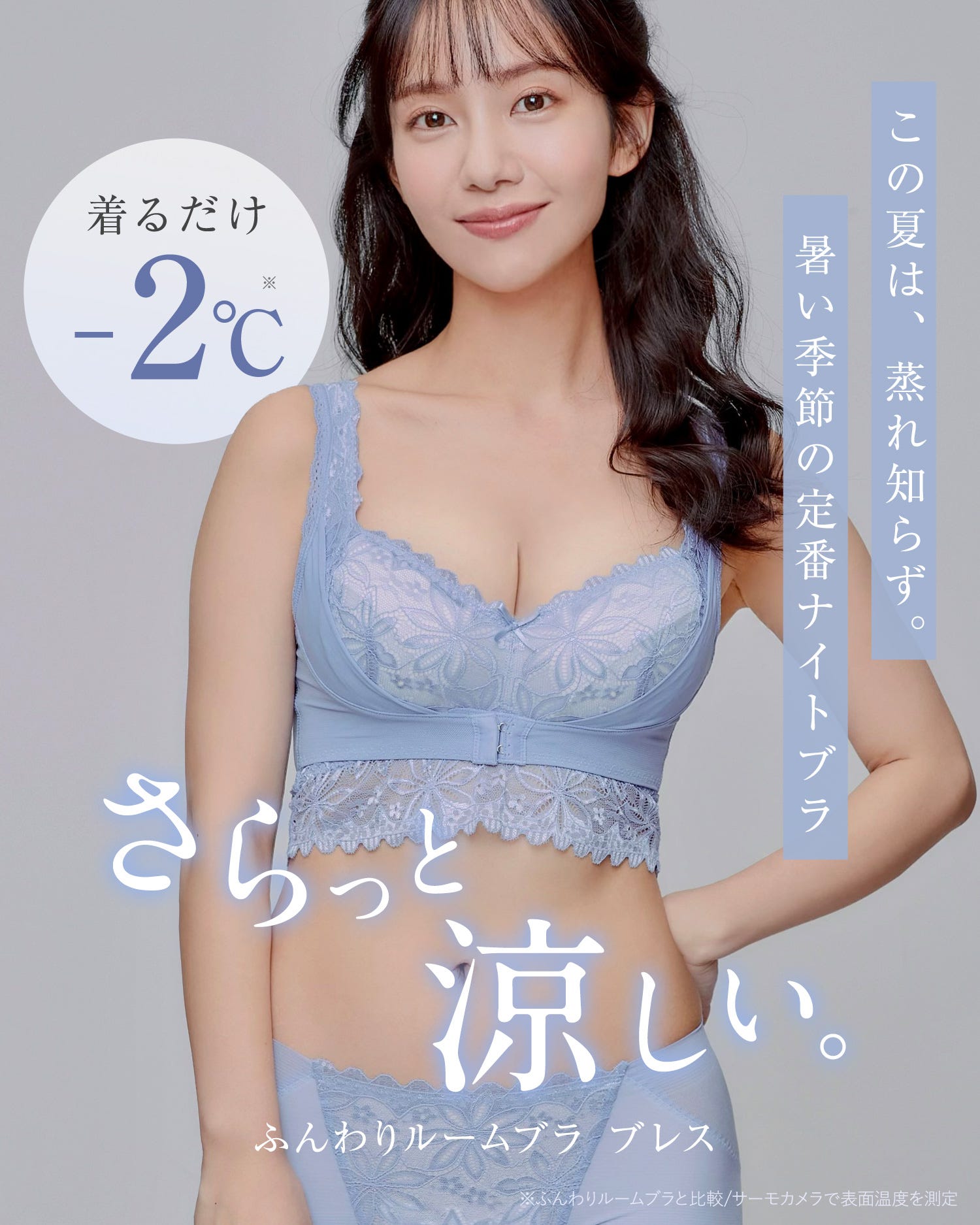 着るだけ-2℃ この夏は、蒸れ知らず。暑い季節の定番ナイトブラ さらっと涼しい。ふんわりルームブラ ブレス ※ふんわりルームブラと比較/サーモカメラで表面温度を測定