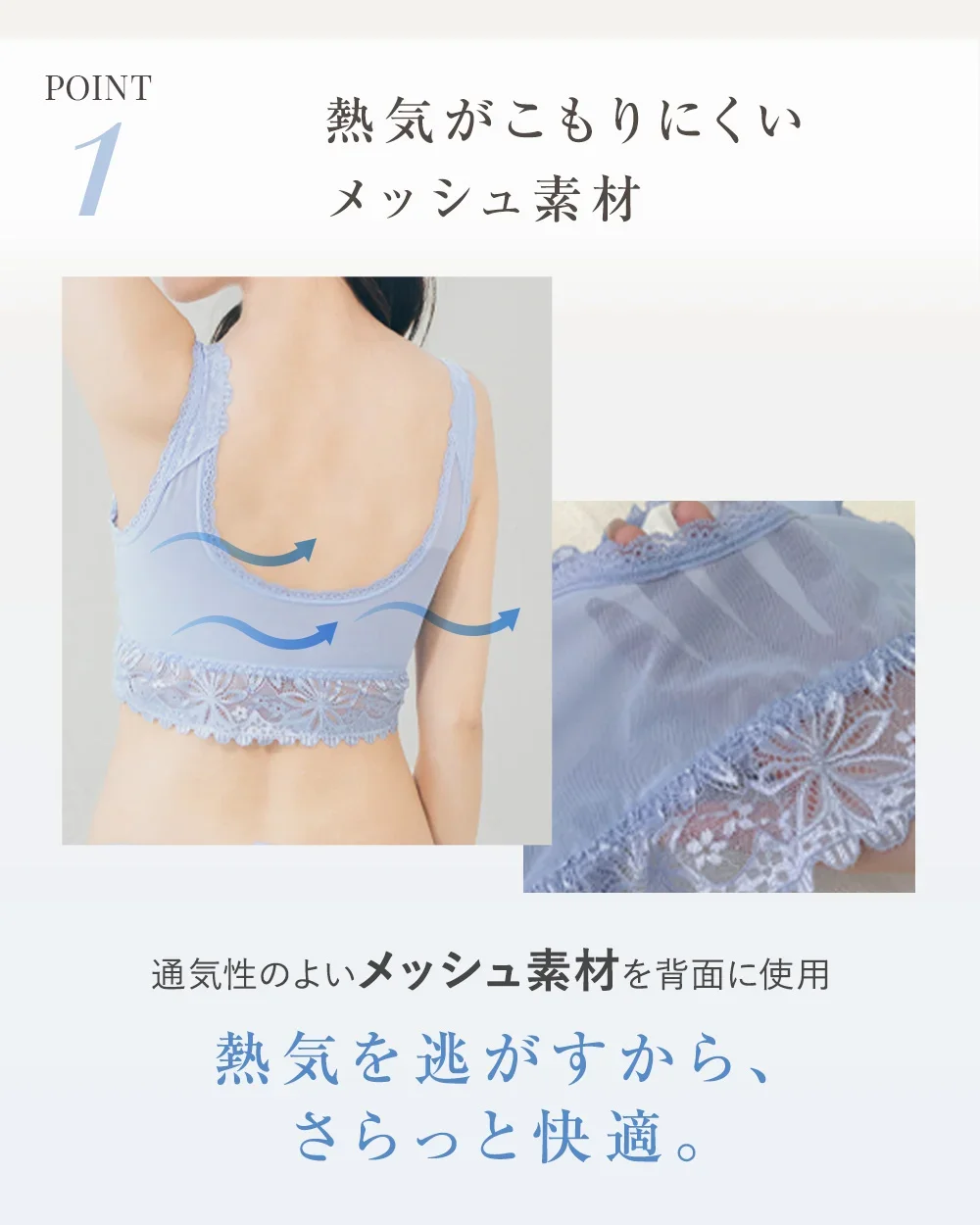 POINT1 熱気がこもりにくいメッシュ素材 熱気を逃すから、さらっと快適。