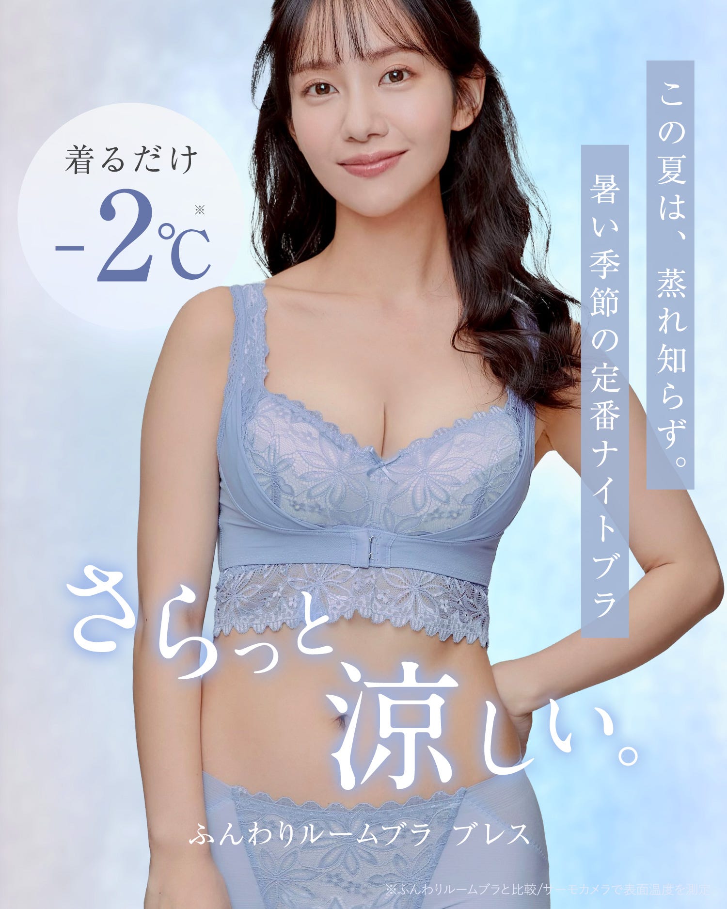 着るだけ-2℃ この夏は、蒸れ知らず。暑い季節の定番ナイトブラ さらっと涼しい。ふんわりルームブラ ブレス ※ふんわりルームブラと比較/サーモカメラで表面温度を測定